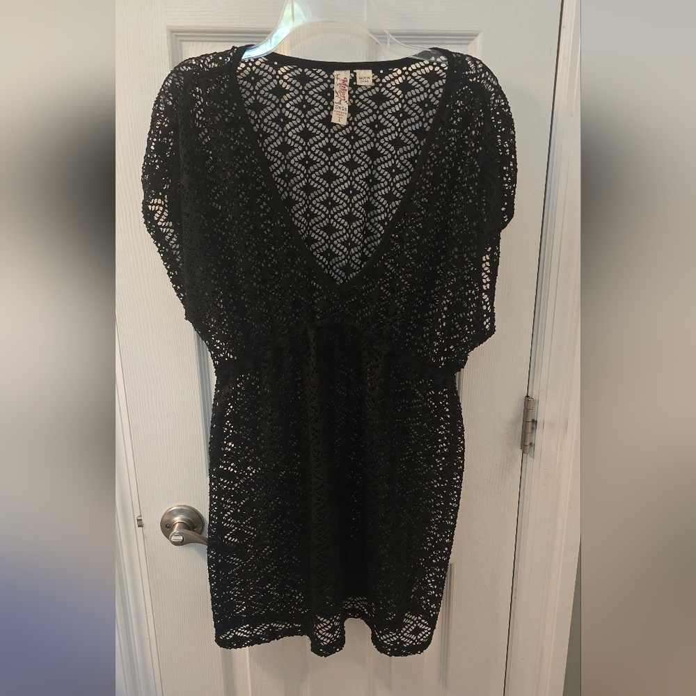 Black Open Weave Swim Cover-Up With Elastic Empire Waist, Size L (315)